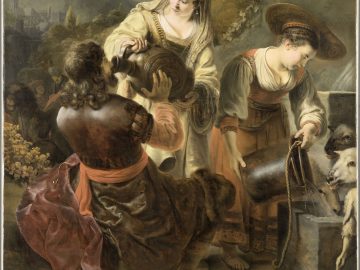 A painting showing a women giving a drink to a man through an urn and another woman giving water to white lambs