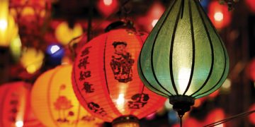 Colorful Paper Lanterns with Chinese Writing and Drawings on it