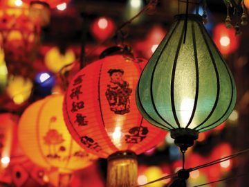 Colorful Paper Lanterns with Chinese Writing and Drawings on it