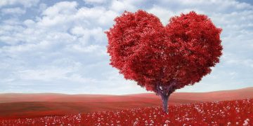 Blue skies with a red heart shaped tree, red hills and red grass