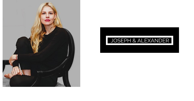 An image in two frames with a blonde lasy in black clothes sitting on a black chair in the left frame and a logo with text Joseph & Alexander on the right frame